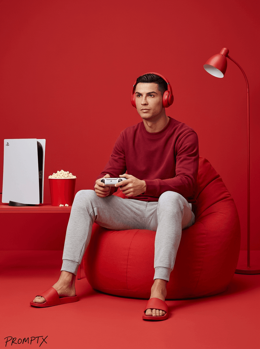 Gaming in a stylized, monochromatic red room
